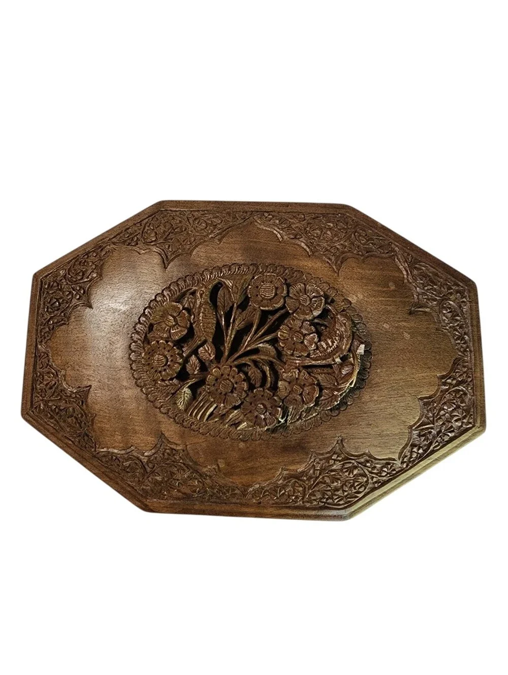 Vintage Mid Century Hand Carved Natural Wood Jewelry Box 2 Lined Layers